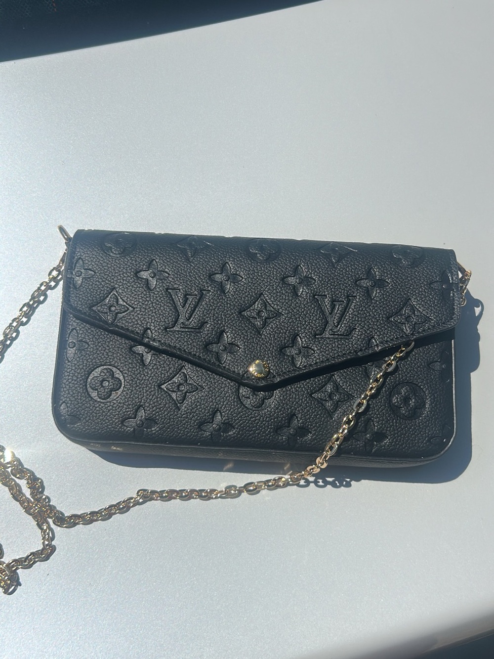 Louis Vuitton Black Monogram Embossed Crossbody Wallet with Gold Chain